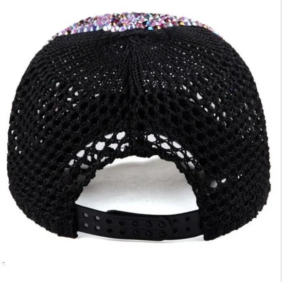C0485 Black Rhinestone Bling Sparkle Mesh Hat Cap - Picture 3 of 5